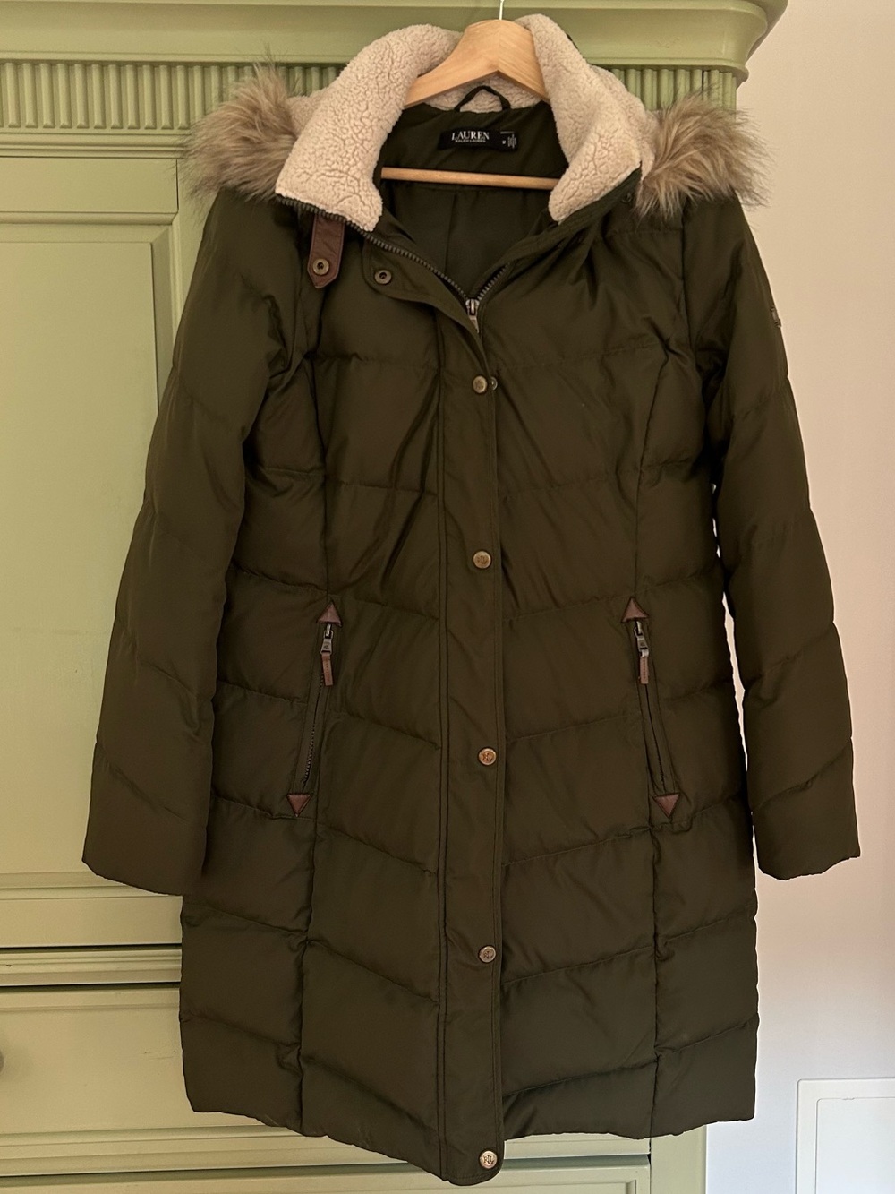 Ralph Lauren Olive Green Quilted Puffer Coat with Faux Fur Trim and Sherpa Hood